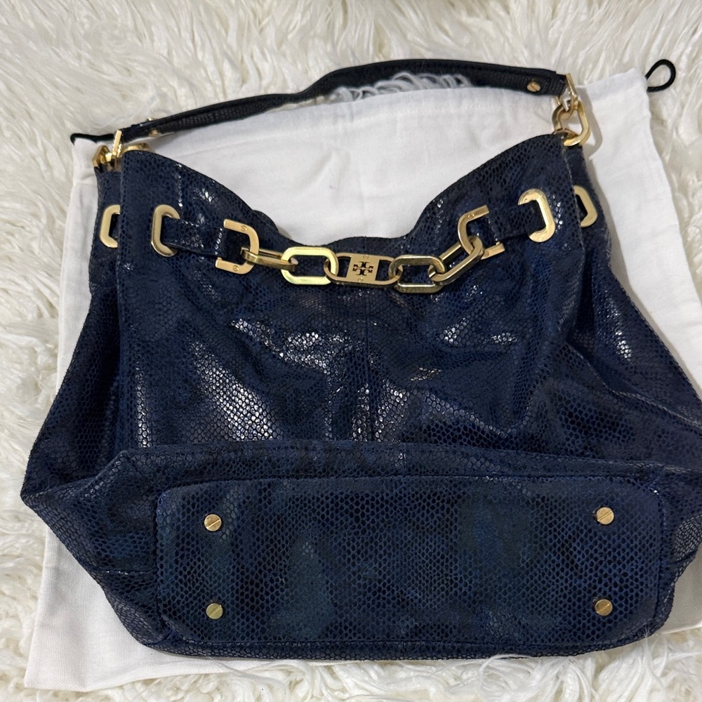 Tory Burch Python Embossed Leather Navy Hobo Hand… - image 4